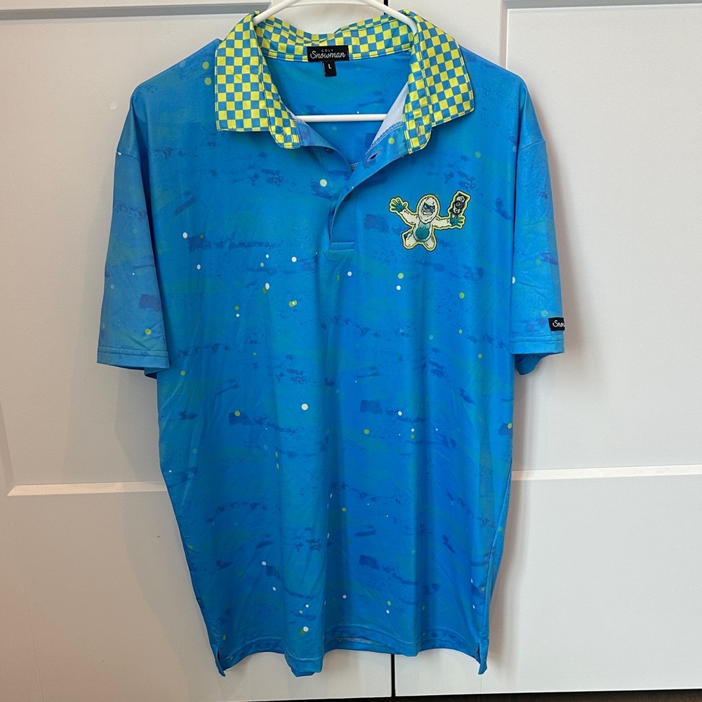 Snowman Golf Blue Polo with Checkered Collar